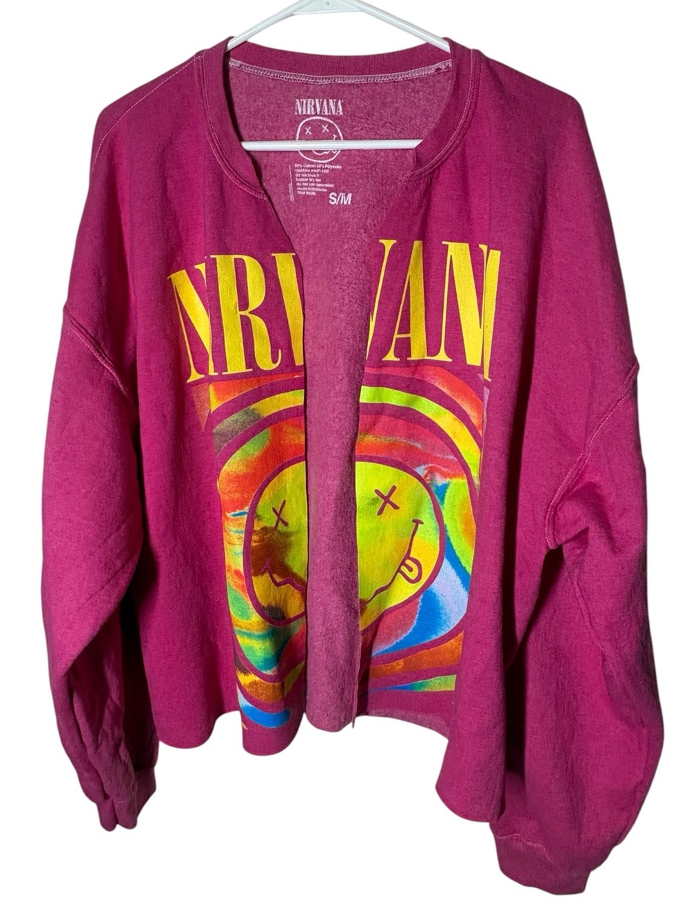 NIRVANA Magenta Upcycled Graphic Pullover with Smileys s/M